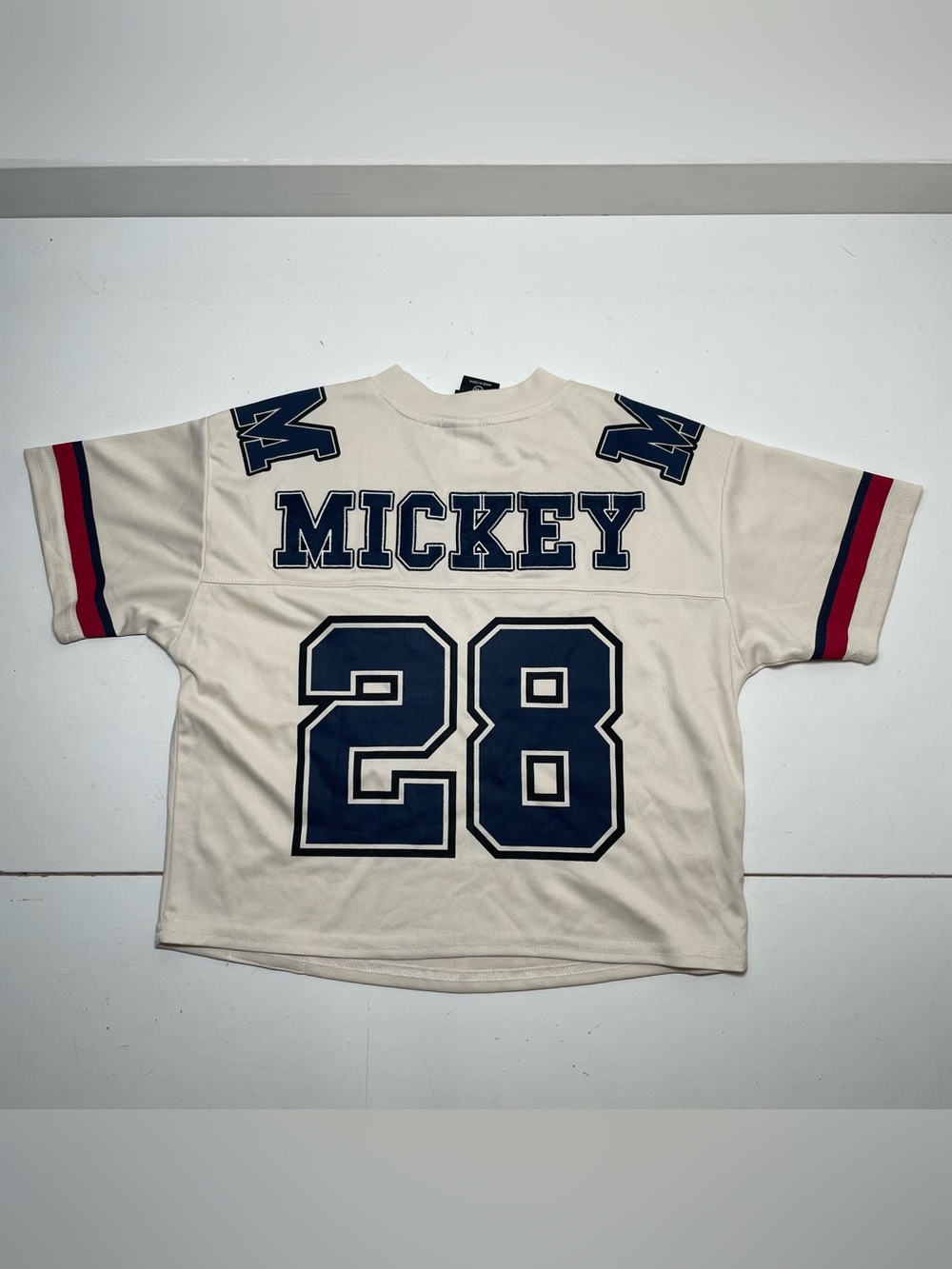 Disney BoxLunch Mickey Mouse Cropped Football Jersey Cream Size XS ~Excellent